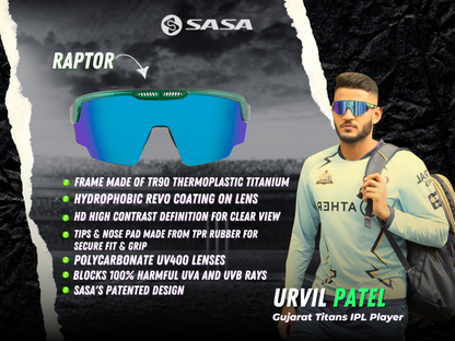 Urvil Patel Baroda Ranji Team X SASA Raptor Translusent Green Frame Ice Blue Revo Lens Sports Sunglasses