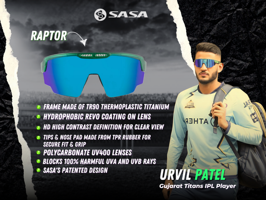 Urvil Patel Baroda Ranji Team X SASA Raptor Translusent Green Frame Ice Blue Revo Lens Sports Sunglasses