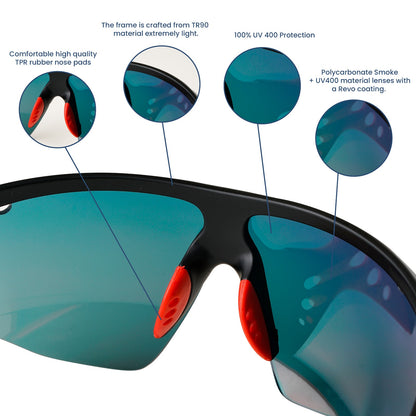 SASA Matte Black Frame Red Revo Lens Sports Sunglasses