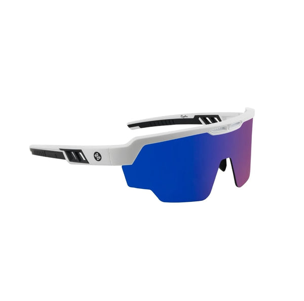 Sunglasses with blue and purple lenses on a white background