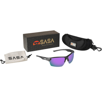 SASA Predator Matte Black Frame Purple Revo Lens Sports Sunglasses