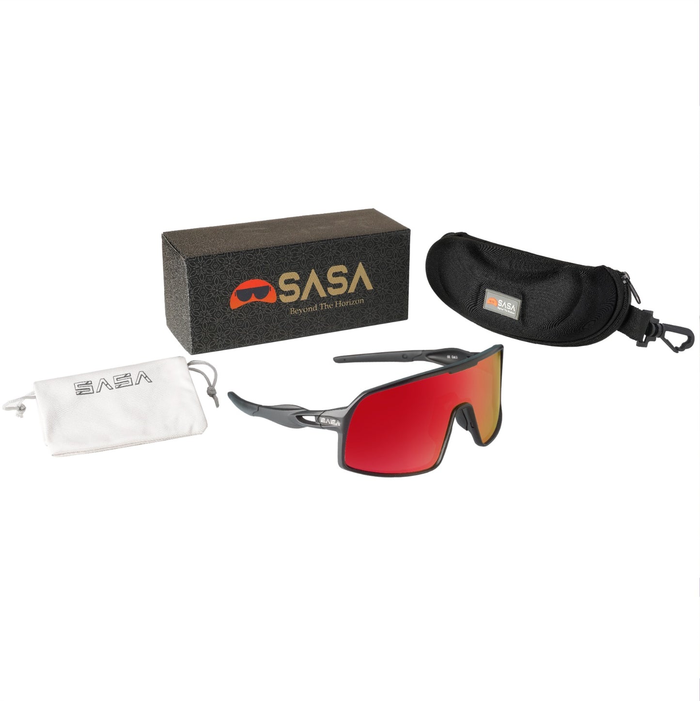 SASA Omega Black Frame Red Revo Lens Sports Sunglasses